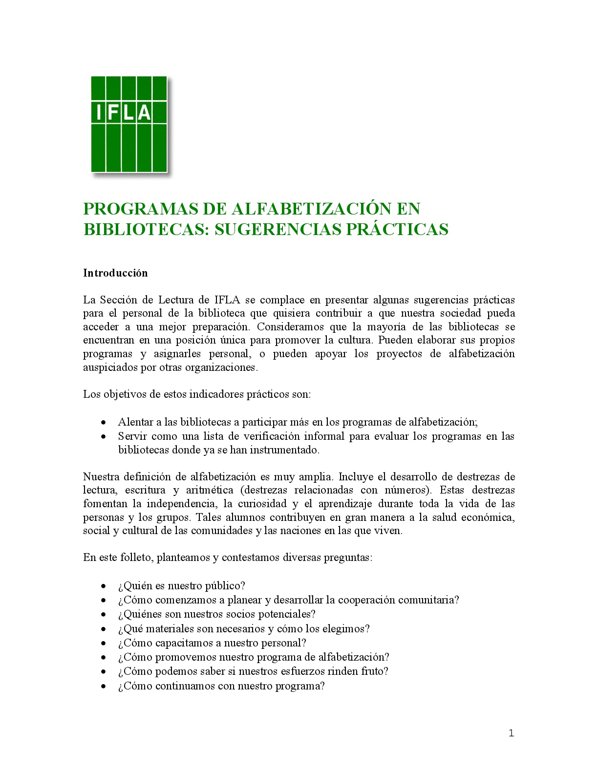 Programas de alfabetización en bibliotecas: sugerencias prácticas