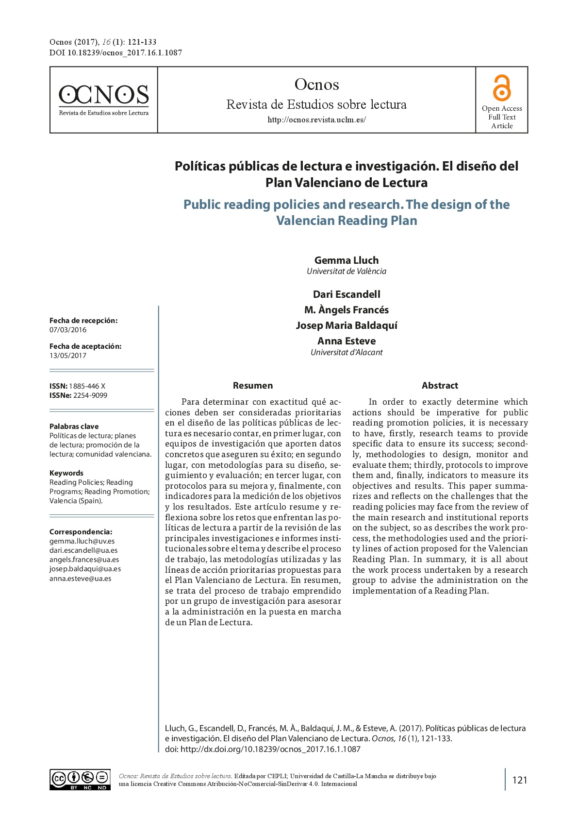 Políticas públicas de lectura e investigación. El diseño del Plan Valenciano de Lectura