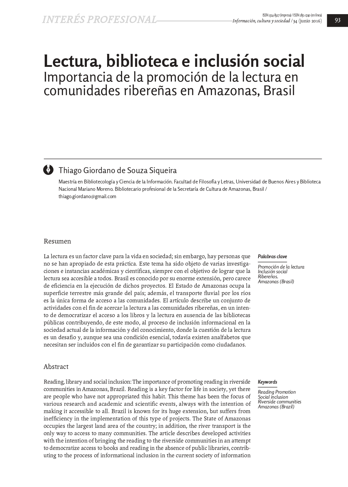 Lectura, biblioteca e inclusión social. Importancia de la promoción de la lectura en comunidades ribereñas en Amazonas, Brasil