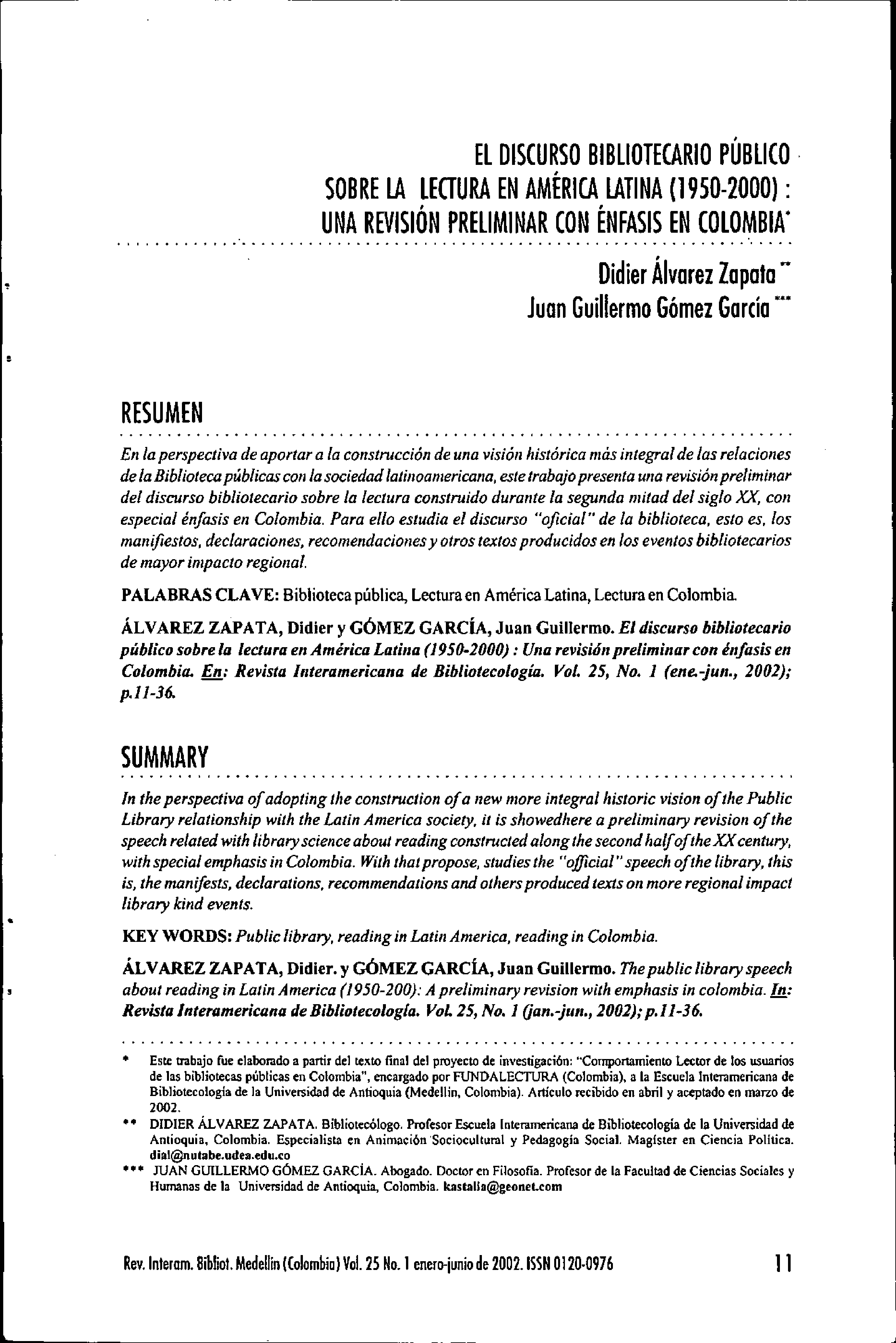 El discurso bibliotecario público sobre la lectura en América Latina (1950 – 2000): Una revisión preliminar con énfasis en Colombia