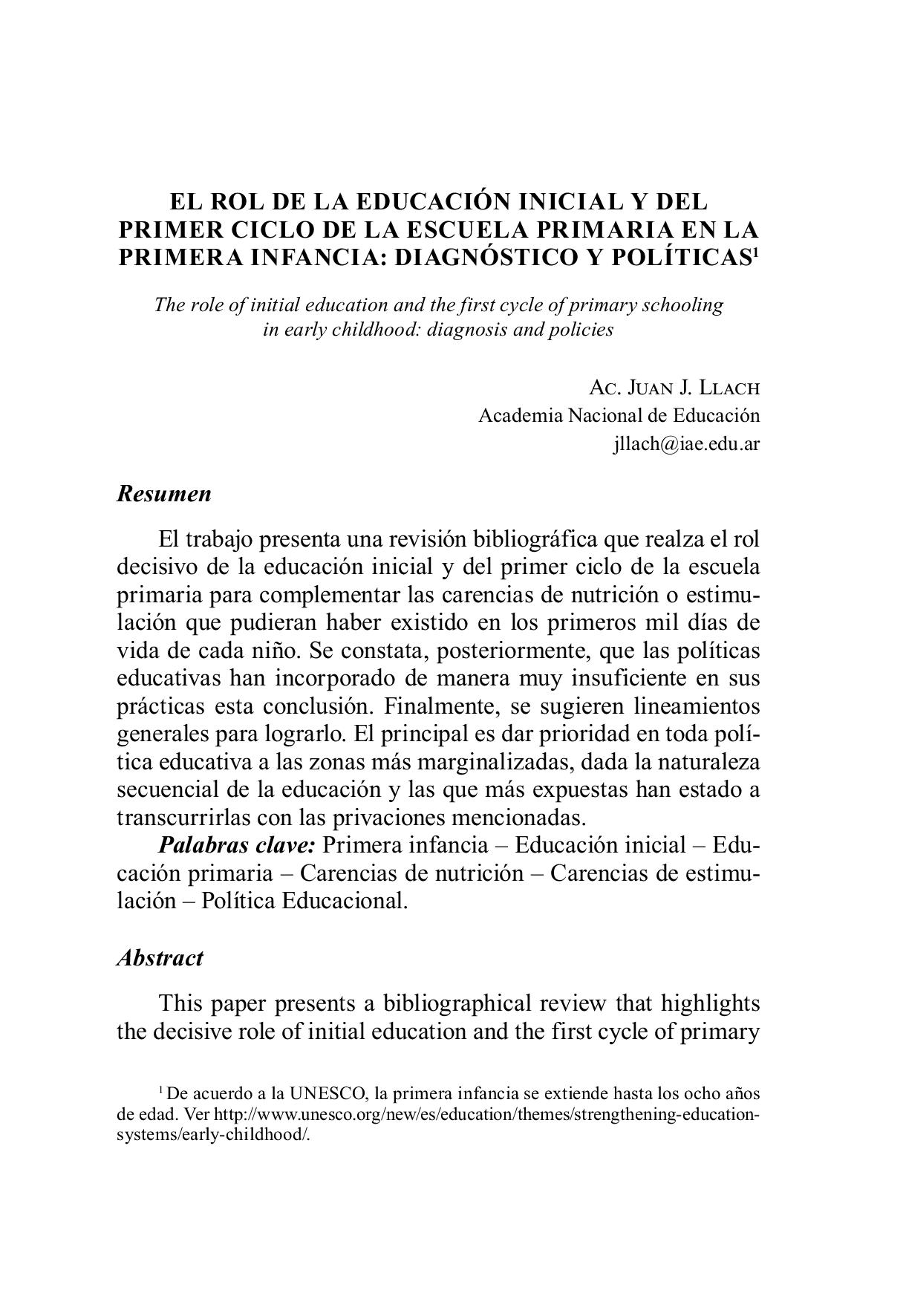 El rol de la educación inicial y del primer ciclo de la escuela primaria en la primera infancia : diagnóstico y políticas